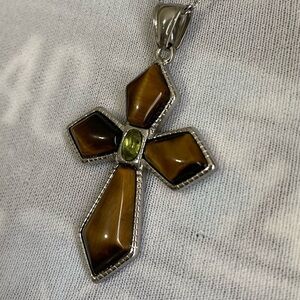 NEW Stainless Steel Necklace with Yellow Tiger Eye Peridot Cross Pendant